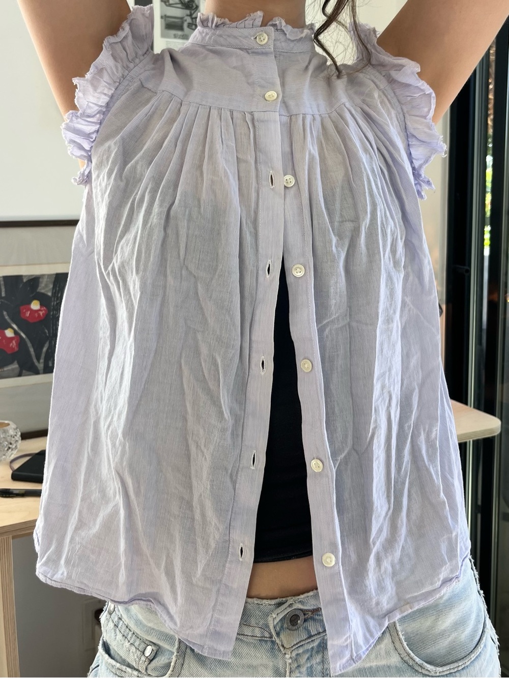 Frame 100% Cotton Sheer Pinstripe Ruffle Blouse, XS/S